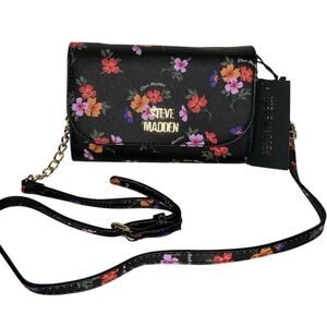 Brand New Steve Madden Black Floral Crossbody Purse Gold Tone Chain